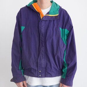 Vintage '80S Gant Purple Green Cotton Zip Up Nautical Windbreaker Hood Jacket XL